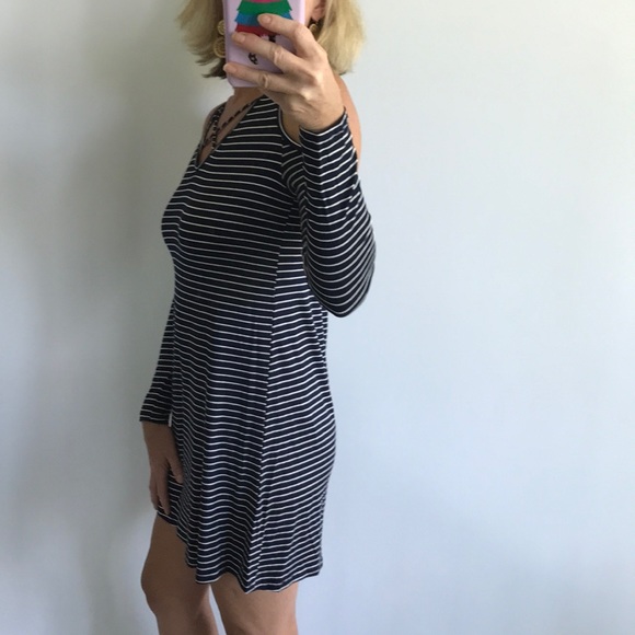 Navy & White Striped Cold Shoulder Dress - Picture 5 of 7
